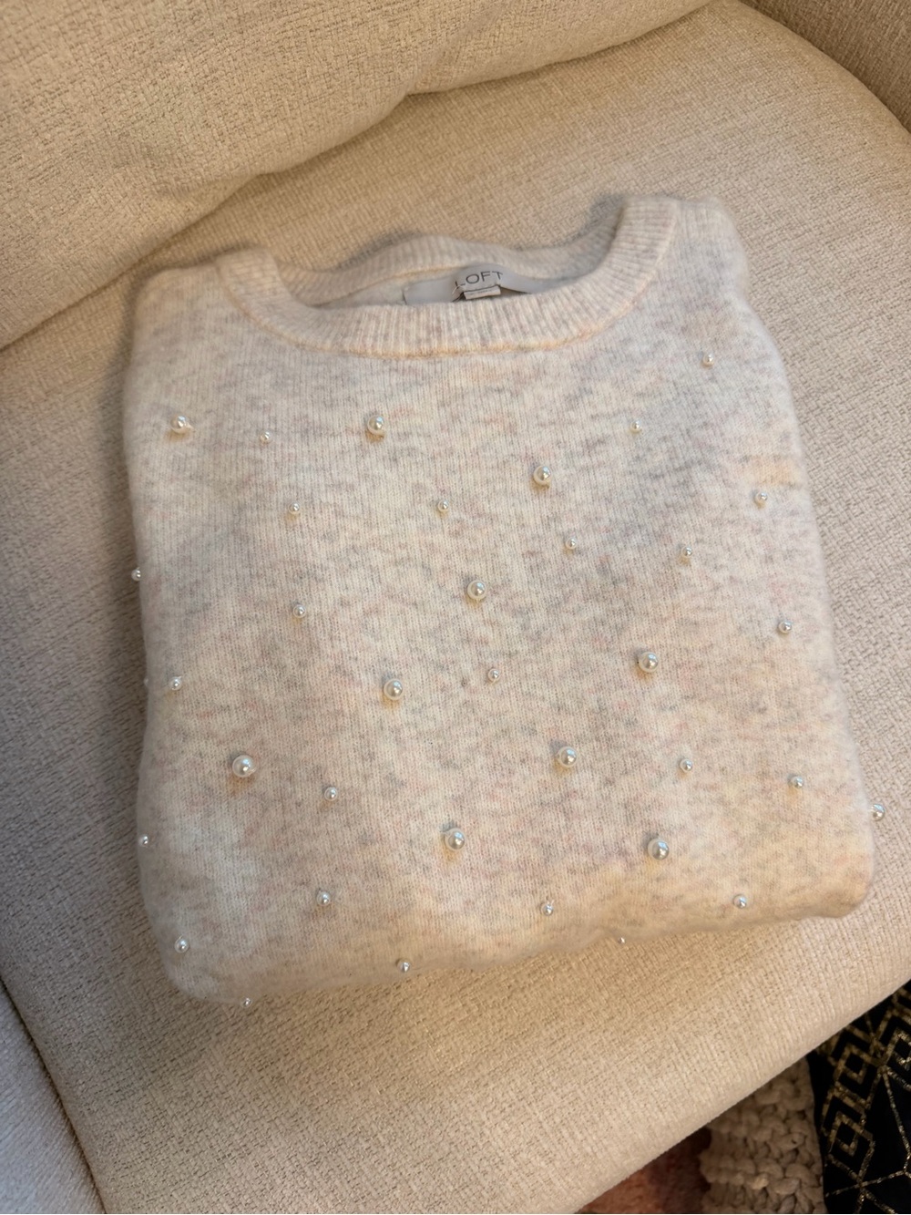 LOFT Cream Crewneck Sweater with Pearl Accents